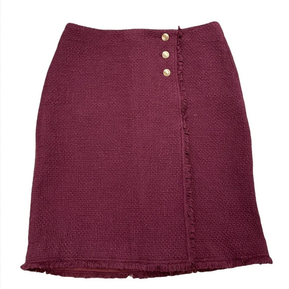 Talbots Tweed Faux Wrap Skirt Gold Buttons details Lined Fringe Size 10 - Picture 1 of 14